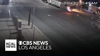 New video shows moments Tesla flies through air before slamming into building in Pasadena