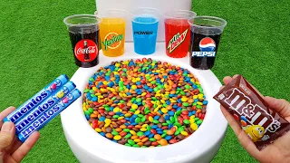 Experiment !! M&M CANDY vs Coca Cola, Mtn Dew, Yedigün, Powerade, Pepsi and Mentos in toilet