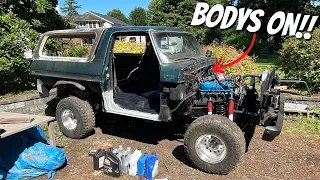 BRONCO BODY IS BACK ON THE FRAME!! + Bedlined floor | 1979 Ford Bronco Restoration |PART 23|