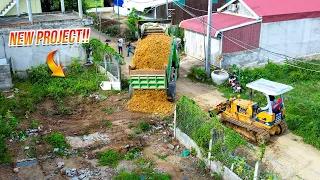 First Start a New Project! Fill Up Land by Komatsu Bulldozer D20P & Dump Truck 5T Pushing Rock Stone