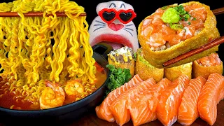 ASMR MUKBANG :) Seafood Cheese Ramen, Giant Fried Tofu Sushi and Salmon Eating Show!