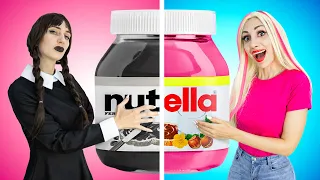 PINK VS BLACK FOOD CHALLENGE | WEDNESDAY VS ENID EATING ONLY 1 COLOR SNACKS CHALLENGE BY CRAFTY HYPE