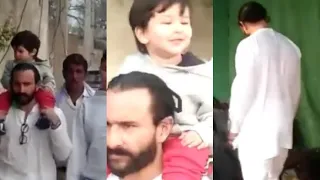 Taimur Ali Khan playing with buffalo  . Saif Ali Khan and Kareena  visit Pataudi village