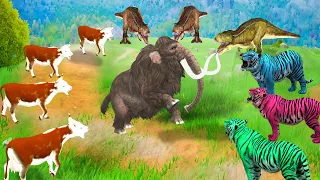 Giant Tiger Attack 5 Cow Cartoon Buffalo Saved by Elephant Mammoth Vs Zombie Dinosaur Battle Stories