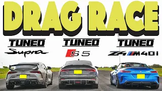 Tuned BMW Z4 m40i vs Tuned Supra 3 0 vs Tuned Audi S5  Drag and Roll Race.