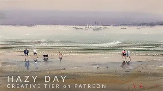 How to Paint Loose Watercolor Seascape Wet Sand Waves and People on The Beach HAZY DAY