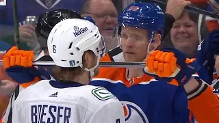 Corey Perry Trolls Brock Boeser During Scrum