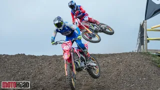 Battle of the year: Conrad Mewse and Josh Gilbert slug it out in the Revo Brit MX1 at Schoolhouse