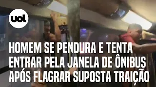 Homem se pendura em ônibus e tenta entrar pela janela após flagrar suposta traição; veja vídeo