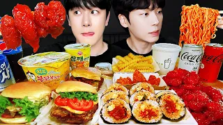 ASMR MUKBANG | 직접 만든 치즈 불닭볶음면 양념치킨 김밥 치즈스틱 먹방 FRIED CHICKEN AND FIRE NOODLES