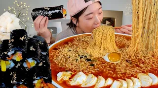 ASMR Soft tofu ramen and mini gimbap Mukbang 🤤