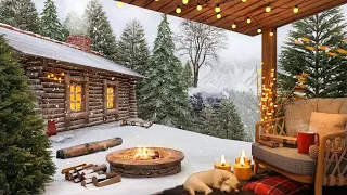 Winter Cozy Porch of Mountain Hut Ambience with Relaxing Snow Falling and Crackling Campfire