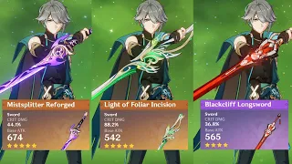 Alhaitham Weapon Comparison: R1 Mistsplitter vs R1 Light of Foliar Incision vs R1 Blackcliff Genshin