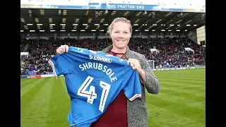 England Cricket World Cup winner Anya Shrubsole presented to the Fratton Park crowd