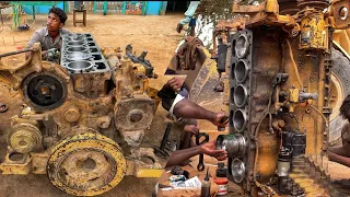 Rebuilding CAT 966E Wheel Loader Full Engine || Repairing CAT 6 Cylinder Engine in Local Workshop