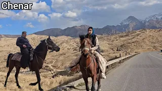 Horse riding: Angel and his father ride horses in the mountains, fields and asphalt