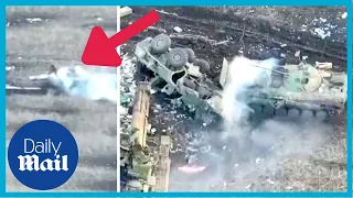 Moment Ukraine artillery destroys Russian tanks and sends soldiers running