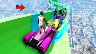 Franklin And Avengers Crazy Car Water Slide Ramp Jump Challenge With All Flash in GTA 5