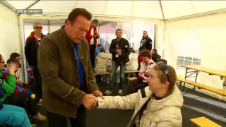 Arnold Schwarzenegger having trouble with firm handshake @ Special Olympics 2017