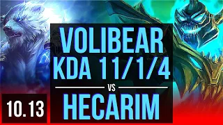 VOLIBEAR vs HECARIM (TOP) | Rank 7 Volibear, 3 early solo kills, Legendary | EUW Challenger | v10.13