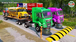 Double Flatbed Trailer Truck cars vs rails tractor vs train cars vs bollards Beamng Drive 299