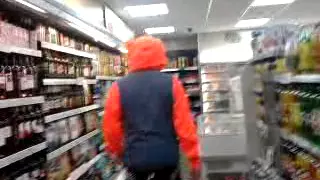 Punk rock clown enters shop to buy beer!