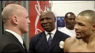 GEORGE GROVES SHOWS CLASS & CONGRATULATES CHRIS EUBANK JR IN DRESSING ROOM AFTER WIN v JAMES DeGALE