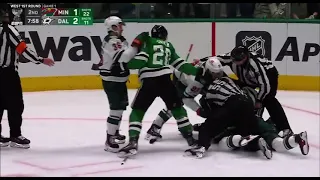 Matt Dumba destroys Joe Pavelski which draws the attention of Max Domi