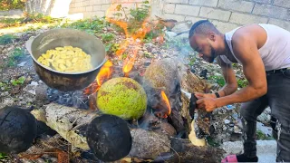 Outdoor Cooking In The Bahamas Roast Breadfruit Ackee and Salt Fish Yard Man Style