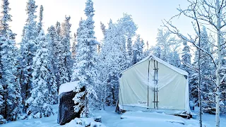 HOT TENT in SNOW. WILD winds, SMOKEY stove