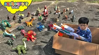 DINOSAURS vs. TODDLER: Nerf War Part 2 | Skyheart and Daddy on the run from dinosaur toys for kids