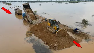Incredible Action Powerful Bulldozer SHANTUI DH13B3 and Dump Truck Work Building Road Crossing Flood