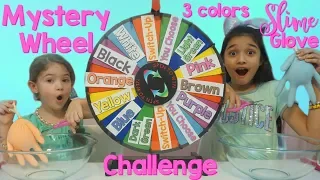 MYSTERY WHEEL 3 COLORS OF GLUE GLOVES SLIME  CHALLENGE!!