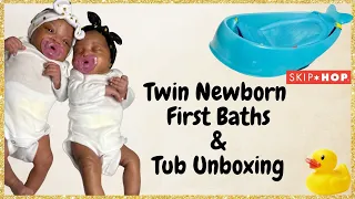 Newborn Twins First Bath + Unboxing The Skip Hop Baby Bath Tub, 3-Stage Smart Sling