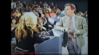 Morton Downey Jr vs Evil HEAVY METAL Chick ...,  He blows his CIGARETTE SMOKE in her face - (1989)