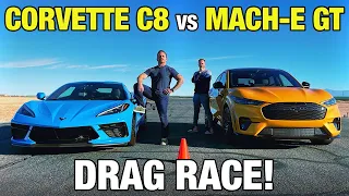 Drag Race! Ford Mustang Mach-E GT vs. Chevy Corvette C8 | 0-60, Horsepower, Rollouts & More