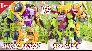 Jinbao VS NBK, size and height comparison Devastator Jinbao Yellow VS Devastator NBK Green