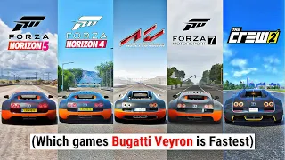 Bugatti Veyron Sound & Top Speed Comparison - Forza Horizon 5, FH4, FM7, The Crew 2, Assetto Corsa