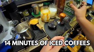 POV: solo barista makes 5 iced coffees at a small garden café