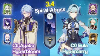 SPIRAL ABYSS 3.4 C0 Ayato Hyperbloom & C0 Eula Hypercarry Floor 12 - 9 Star | Genshin Impact