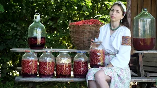 Woman lives in the village. Making traditional cherry wine.  Authentic drink from Ukraine