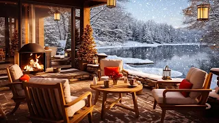 Cozy Winter Porch Ambience with Smooth Jazz Instrumental Music & Crackling Fireplace to Relax, Work