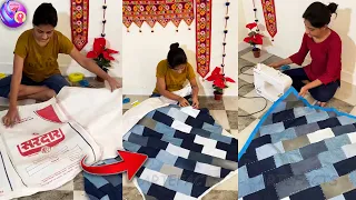 Old  Jeans pant with Plastic bag into carpet - home useful idea #carpet