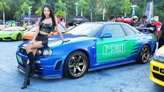 Thailand Car Crew Takes Over Pattaya Walking Street! JDM, Euro, Muscle Cars and Pretty Thai Models!