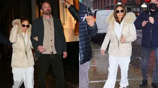 Jennifer Lopez Ben Affleck leave the studio together and head out of town in rainy New York