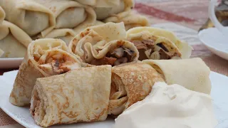 Pancakes with THREE fillings on the MANGAL. Recipe for pancakes with meat, liver and mushrooms.