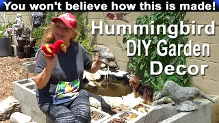 DIY Hummingbird Birdbath Garden Fountain Sculpture Hummingbirds From  Old Plush Teddy Bear w/ Cement