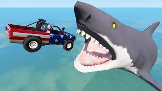 Fast Jumping Cars In The Ocean With Mad Sharks - Beamng Drive