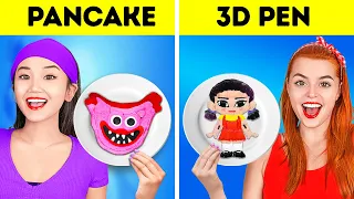 PANCAKE ART VS 3D PEN CHALLENGE || How to make Squid Game DOLL Minion Emoji by 123 GO! CHALLENGE