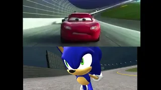 Mcqueen crash normal version and sonic version side by side
